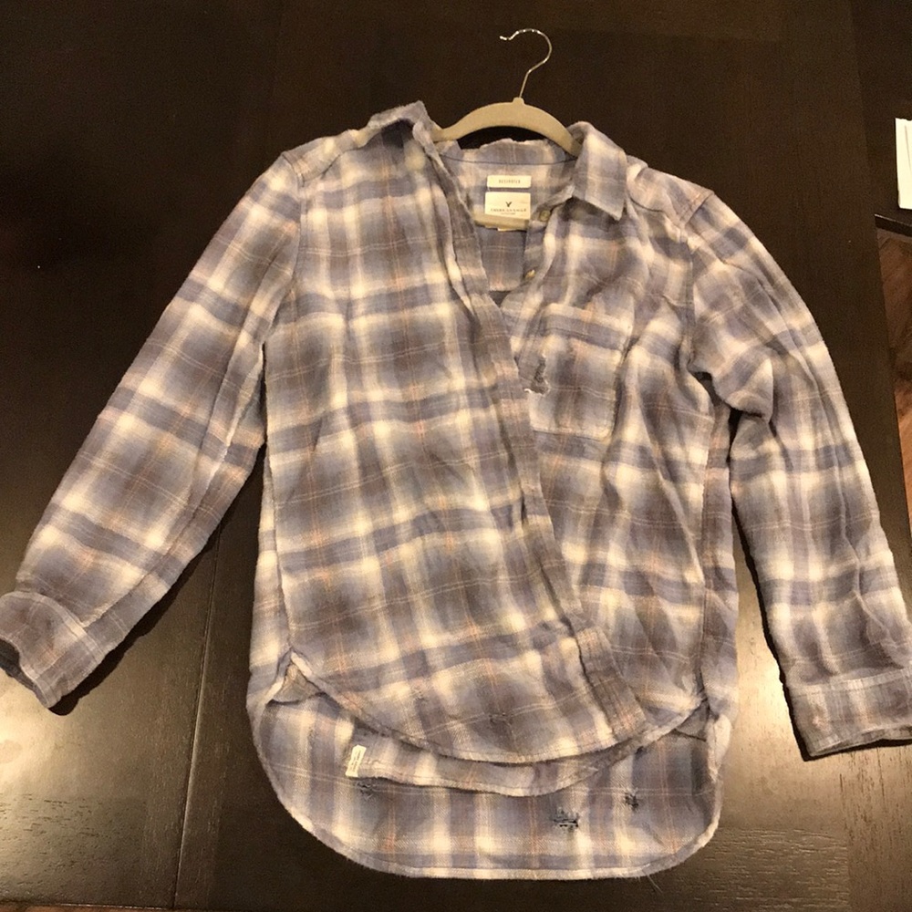 American Eagle Stylishly Ripped Blue Flannel